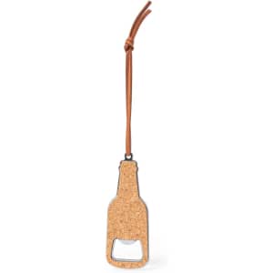 A drink bottle opener in the shape of a bottle, featuring a cork body and a leather strap. It has a logo.