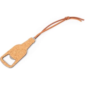 A drink bottle opener in a bottle shape made of cork with a metal edge and a leather strap.