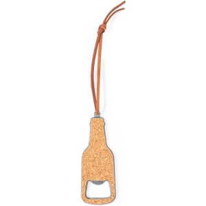 A drink bottle opener in a bottle shape, featuring a cork texture and attached with a leather strap.