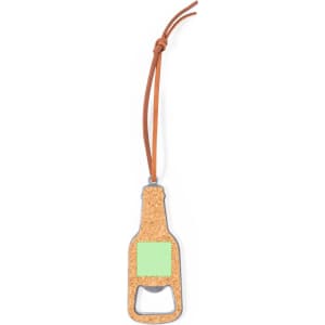 A drink bottle opener in the shape of a bottle, featuring a cork material and a brown cord. Includes a logo.