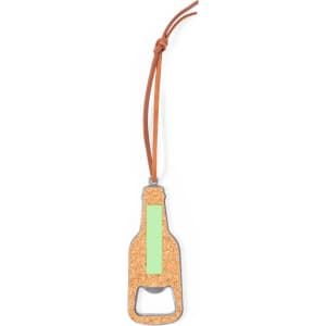 A drink bottle opener in the shape of a bottle, featuring cork and a green accent, attached to a brown cord.