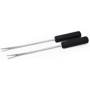 Two fondue forks with black handles and stainless steel prongs, suitable for serving melted cheese or chocolate.