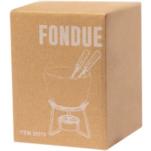 A cardboard box for a fondue set, featuring a simple line drawing of the product and utensils, in a neutral brown colour.