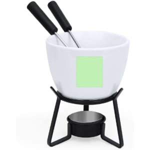 A white fondue pot on a black stand, featuring two forks and a teal-coloured area for branding or labels.