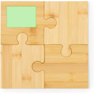 A bamboo coaster set featuring puzzle piece shapes in a natural finish, with a space for customisation.