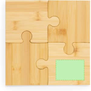 A bamboo coaster set featuring interlocking puzzle piece designs in natural wood tones with a green outlined area.