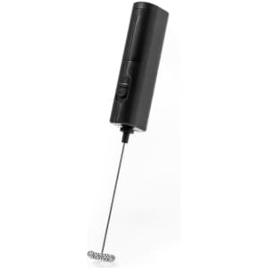A black milk frother with a whisk attachment, designed for creating foamy beverages. It includes a branding logo.