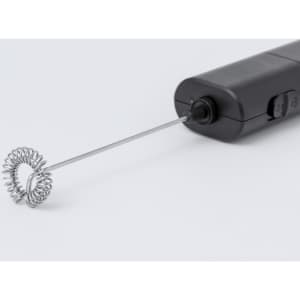 A black milk frother with a stainless steel whisk attachment and a sleek design, featuring a logo on the handle.