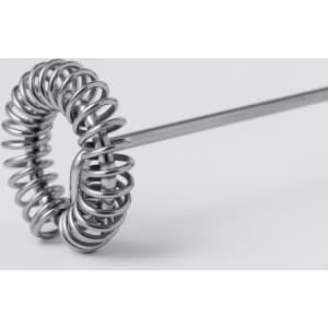 A stainless steel milk frother with a spiral whisk design, ideal for creating frothy drinks.
