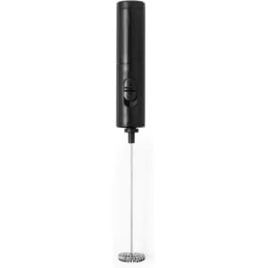 A black milk frother with a whisk attachment and a built-in switch for easy operation. It features a branding logo.