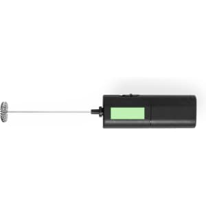 A black milk frother with a green section and a spiral whisk attachment. It features a sleek, compact design.