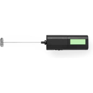 A black milk frother with a stainless steel whisk attachment, featuring a green section on the body and a logo.