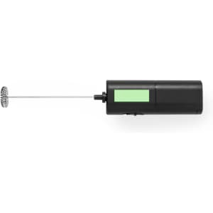 A black milk frother with a green section and a whisk attachment, designed for home coffee and tea preparation.