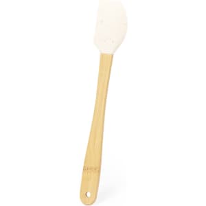 A bamboo spatula with a white silicone head. The handle features a hole for easy hanging.