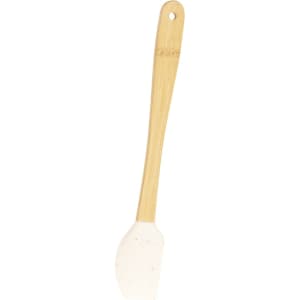 A spatula with a bamboo handle and a white silicone head, ideal for kitchen use.