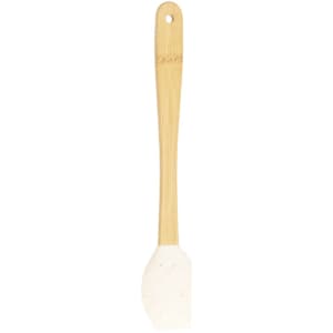 A bamboo spatula with a white silicone head and a long handle, featuring a hanging hole.