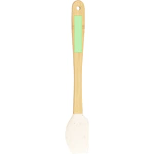 A bamboo spatula with a green accent, featuring a smooth, flat, white silicone head. The handle has a hanging hole.