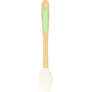 A bamboo spatula with a green accent and a silicone head, designed for cooking and baking.