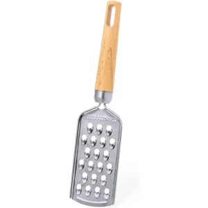 A stainless steel grater with a wooden handle, featuring multiple grating holes for versatile food preparation.
