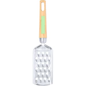 A stainless steel grater with a wooden handle and mint green accent. It features a sleek design and a logo.