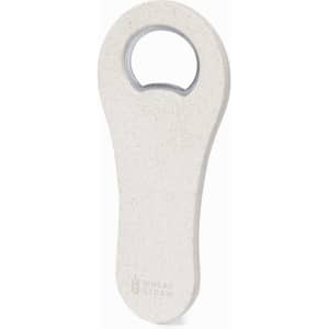 A drink bottle opener in a light grey colour, made from wheat straw, featuring a simple design and a logo.