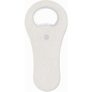 A drink bottle opener in a sleek, white design, featuring a bottle opener functionality and a logo.
