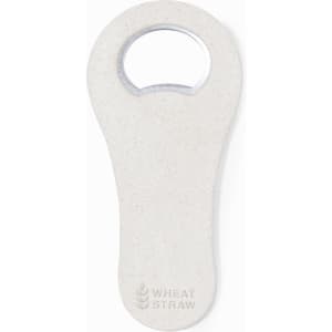 A drink bottle opener in a light colour, featuring a round opening and a logo. Made from wheat straw material.