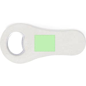 A drink bottle opener in a light grey colour with a circular opening and a blank area for branding.