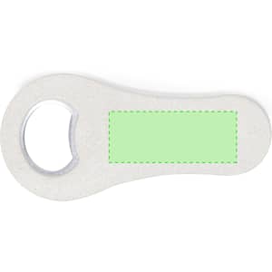 A drink bottle opener in white with a rounded handle and a circular opening, featuring a blank area for custom branding.