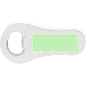 A drink bottle opener in a pale colour with a circular opening and a blank area for branding.