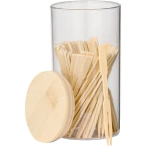 A bamboo chopstick set in a clear container with a wooden lid, featuring multiple chopsticks inside.