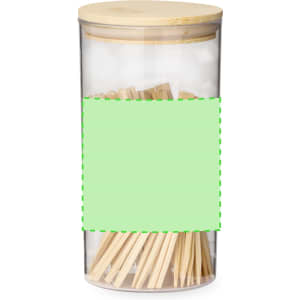 A clear container with a bamboo lid filled with wooden chopsticks. The container features a blank label.