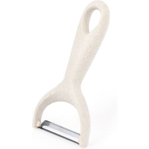 A vegetable peeler with a textured white handle and a stainless steel blade. It features a simple, ergonomic design.