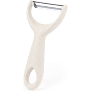 A pale beige peeler with a comfortable handle and a stainless steel blade. It features a simple, ergonomic design.