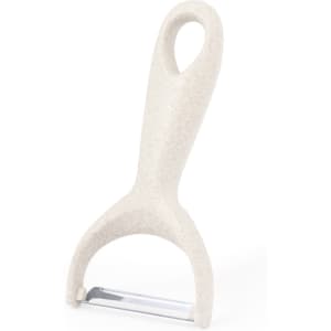 A white peeler with a curved handle and a stainless steel blade, featuring a logo on the handle.