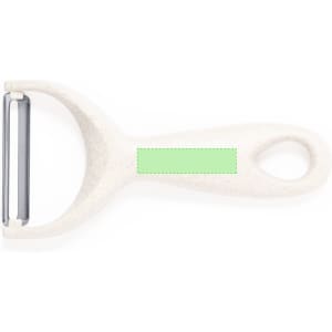 A biodegradable peeler with a white handle and stainless steel blade, featuring a green branding area.