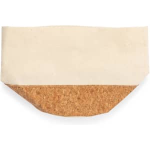 A bread basket featuring a cream fabric upper section and a cork bottom, with branding on the side.