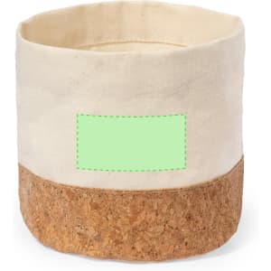 A beige fabric storage basket with a cork bottom, featuring a logo on the side.