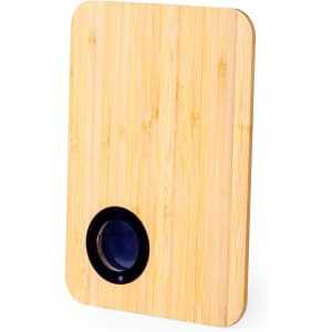 A bamboo weighing scales kitchen cutting board with a circular digital display. It features a sleek, natural wood finish.