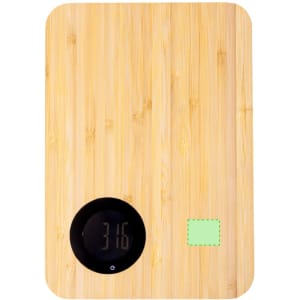 A bamboo kitchen cutting board with a digital weighing scale feature in black, featuring a logo.