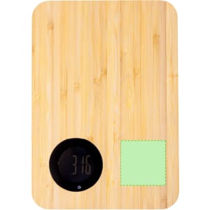A bamboo chopping board featuring a digital scale with a black display and a green accent square.