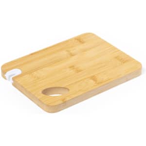 A bamboo chopping board featuring a white handle and a circular cutout, designed for kitchen use.