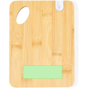A bamboo chopping board featuring a cut-out handle and a green insert area for customisation.