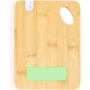 A bamboo cutting board featuring a palette shape, with a green area for branding or personalisation.