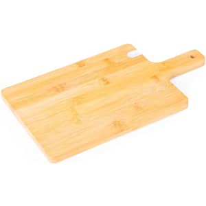 A bamboo chopping board with a handle and a small cutout, featuring a natural wood finish.