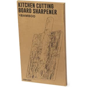A bamboo kitchen cutting board sharpener in a brown packaging with a simple design and a logo.