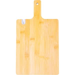 A bamboo cutting board with a handle and a notch for easy hanging. Features a natural wood colour.
