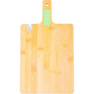A bamboo chopping board with a handle and a green accent, featuring a sharpener attachment.