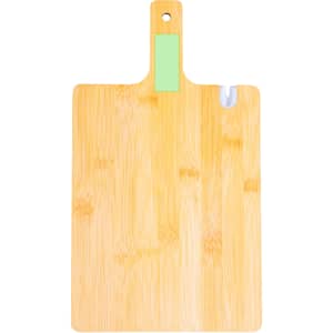 A bamboo chopping board with a green handle, featuring a notch for easy grip and cutting tasks.
