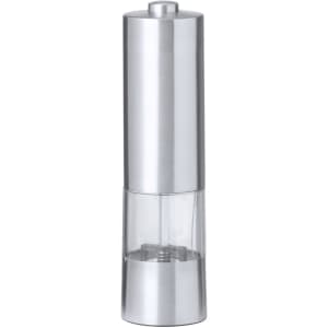 A silver electric salt and pepper mill with a transparent base, featuring a sleek, modern design.